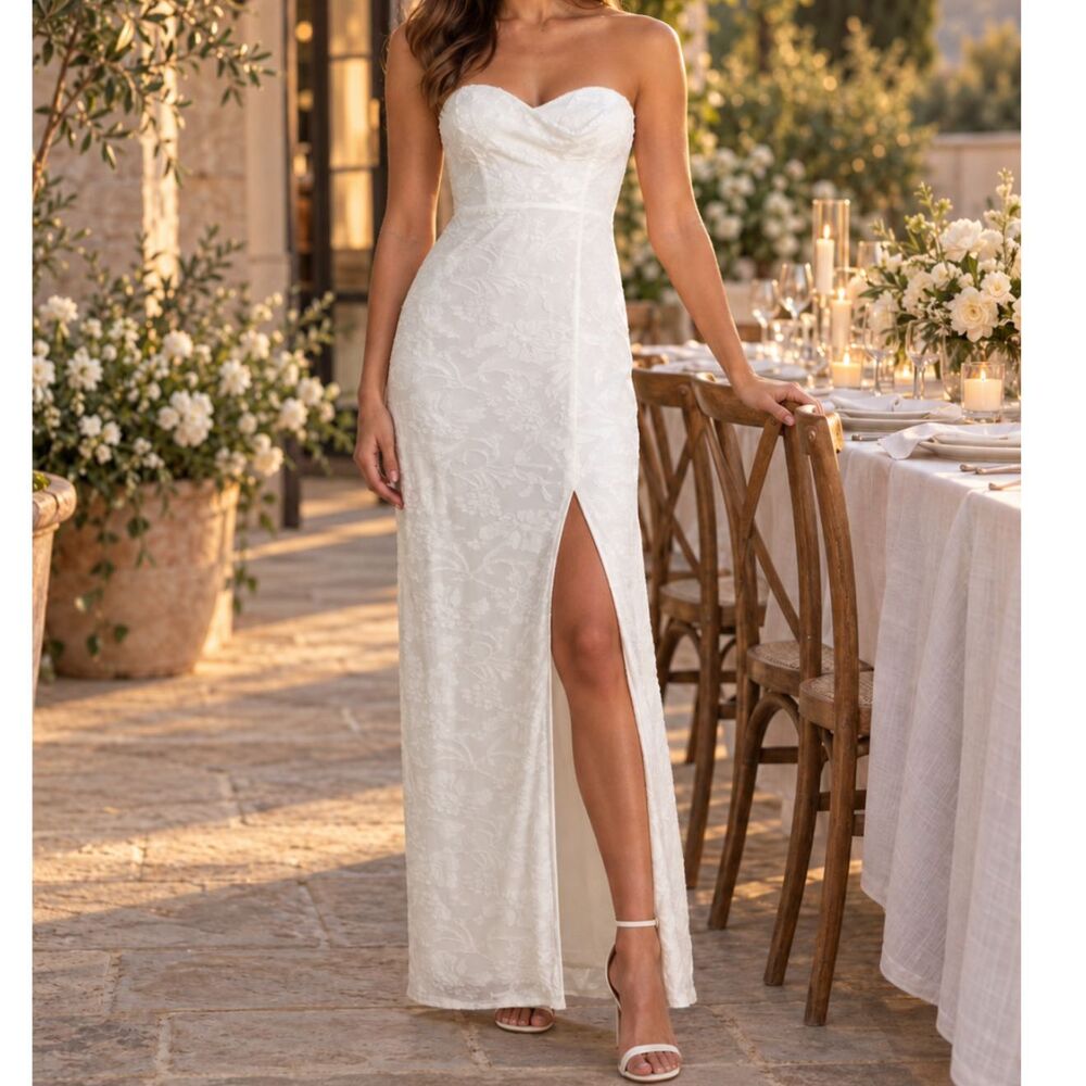 Lulus Exquisite White Velvet Burnout Strapless Maxi Dress M Romantic Bridal